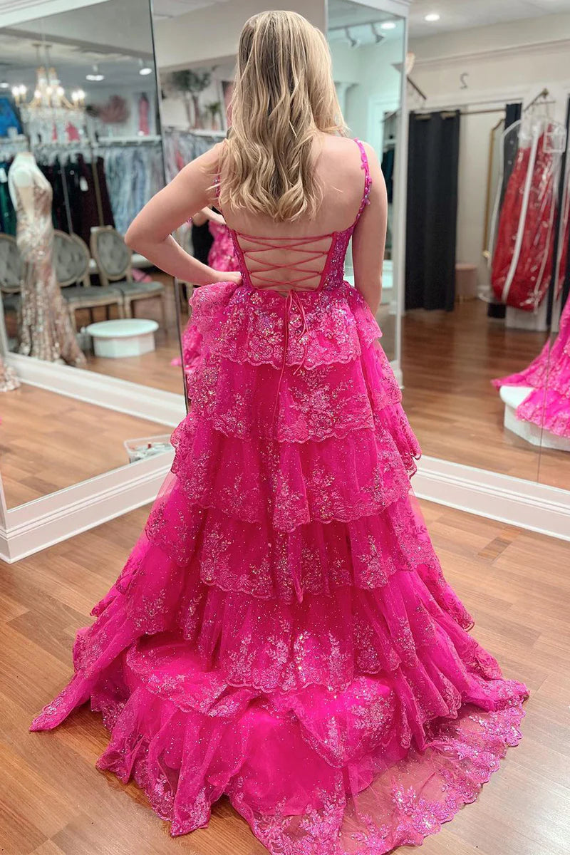 A Line V Neck Fuchsia Ruffle Tiered Long Prom Dress with Appliques